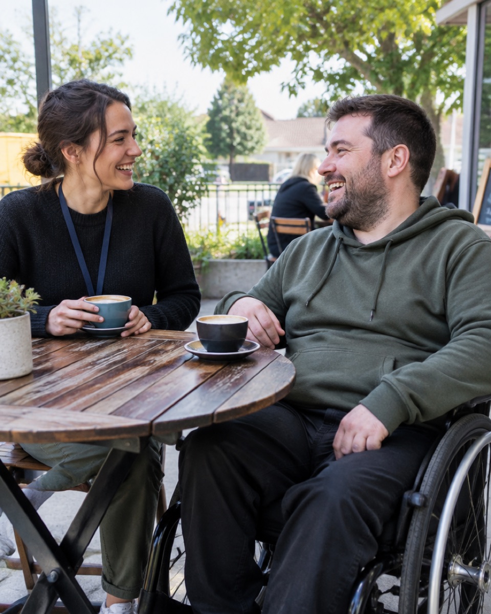 A support worker and a participant laughing together over coffee at a café